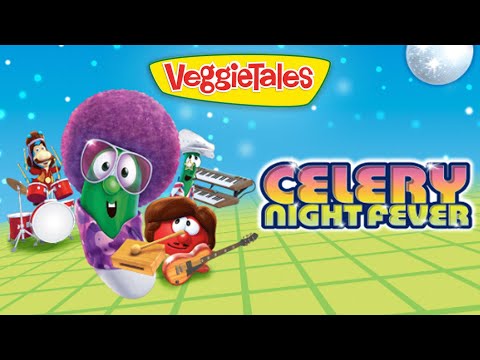 VeggieTales Celery Night Fever cover: a green celery character with a purple afro and glasses fronts a veggie band on a disco stage, logo above left.