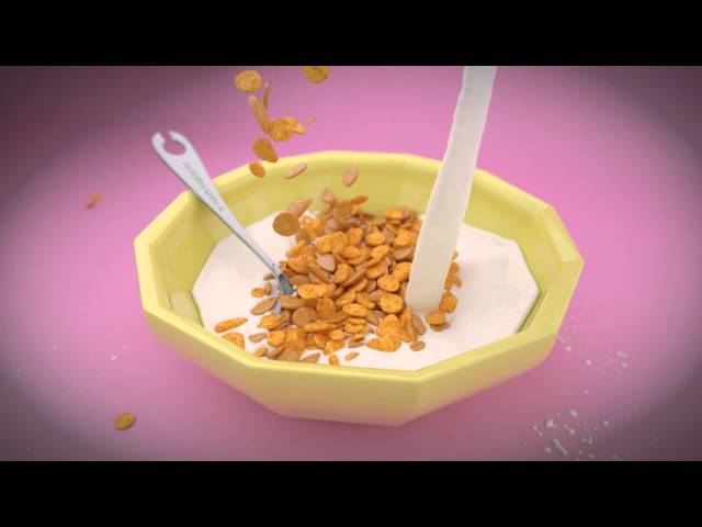 Фото 3d визуализация хлопьев с молоком. Моделирование 3ds max, рендер V-ray, финальная сборка AfterEffects. На всю работу ушло 7 дней.