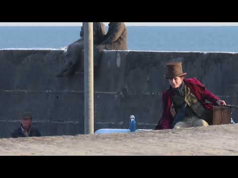 Timothée Chalamet filming a scene as Willy Wonka in Lyme Regis