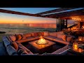 peaceful seaside retreat night in elegant porch ambience with fireplace and relaxing sea wave sounds