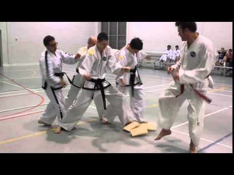 20151206 Kirby Flying Back Kick breaking two boards as part of Black Belt grading