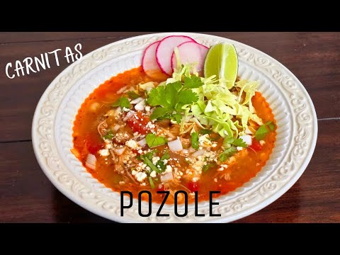 Carnitas Pozole Rojo Recipe | Easy One Pot Mexican Stew with pork, hominy, & red chili broth