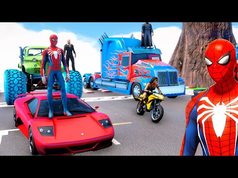 SPIDERMAN CARS MARIO Ramp JUMP Challenge ! BLACK ADAM SUPERMAN IronMan Trevor Stunt - GTA V