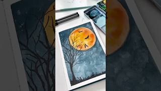 Full moon and spooky tree in watercolor