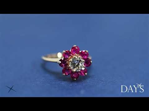 Estate Diamond and Ruby Flower Ring in 14kt Yellow Gold (1/2ct)