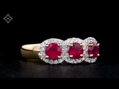 RUBY AND DIAMOND HALO TRILOGY RING IN 18K GOLD VERSION - ASTERIA COLLECTION - FT86 T