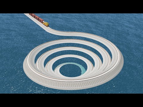 Impossible Spiral Funnel Rail Tracks Vs Trains Crossing Giant Pit - BeamNG.Drive