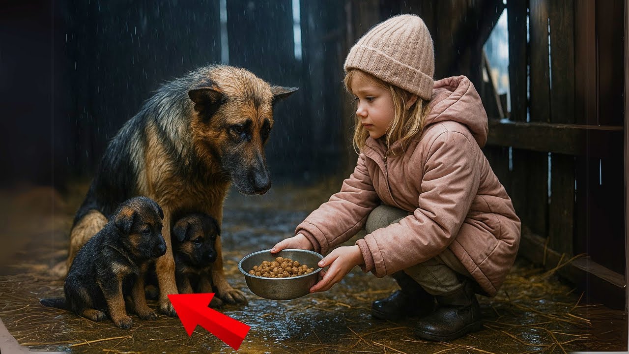 Menina de 8 anos abriga cadela e filhotes na chuva — ao saber o motivo, ela desaba em lágrimas.