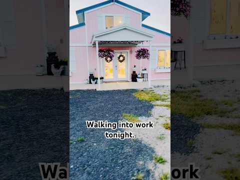 Walking into work tonight. The little pink barn is my happy place. Quilting 💗