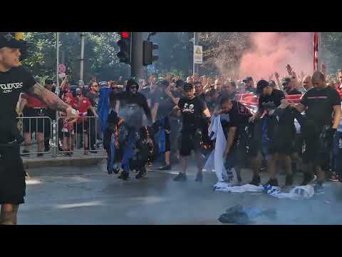 Шествието на феновете на ЦСКА преди дербито с Левски / 7.10.2023