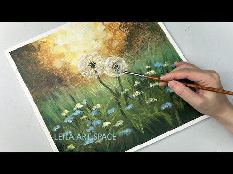 Easy Dandelion Acrylic Painting, Bokeh Background Acrylic Painting