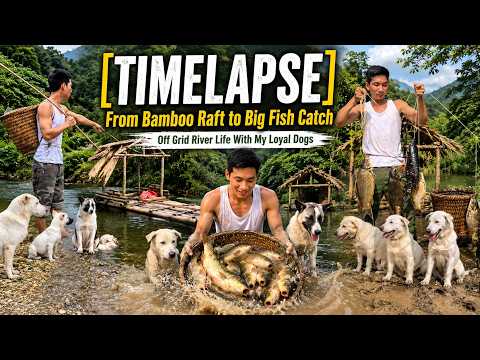 [TIMELAPSE] full video From Bamboo Raft to Big Fish Catch | Off Grid River Life With My Loyal Dogs