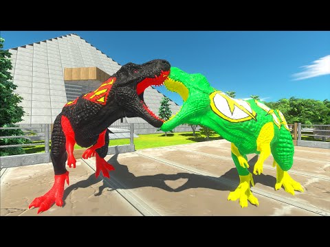 BLACK SUPERMAN T-REX vs GREEN FLASH T-REX PYRAMID DEATH RUN - Animal Revolt Battle Simulator