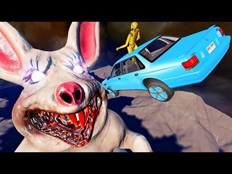 Cars Jumping into Mouth of Horror Rabbit - BeamNG.drive