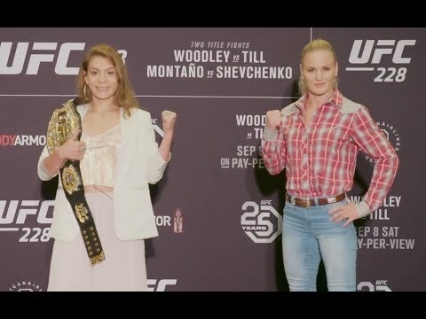 Nicco Montaño vs. Valentina Shevchenko - Media Day Staredown - (UFC 228: Woodley vs. Till) - /r/WMMA
