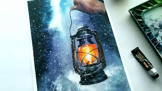 ❄WINTER Watercolor Painting Snowy LANTERN