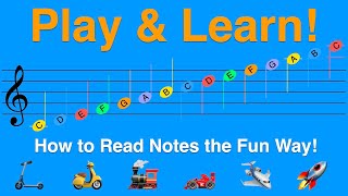 YouTube thumbnail of the Happy Note! video to learn to read music with a game (A B C D E F G)