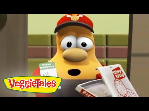Cartoon yellow character wearing a red delivery cap behind a pizza counter, VeggieTales logo in the corner.