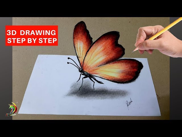 Drawing 3D butterfly step by step tutorials