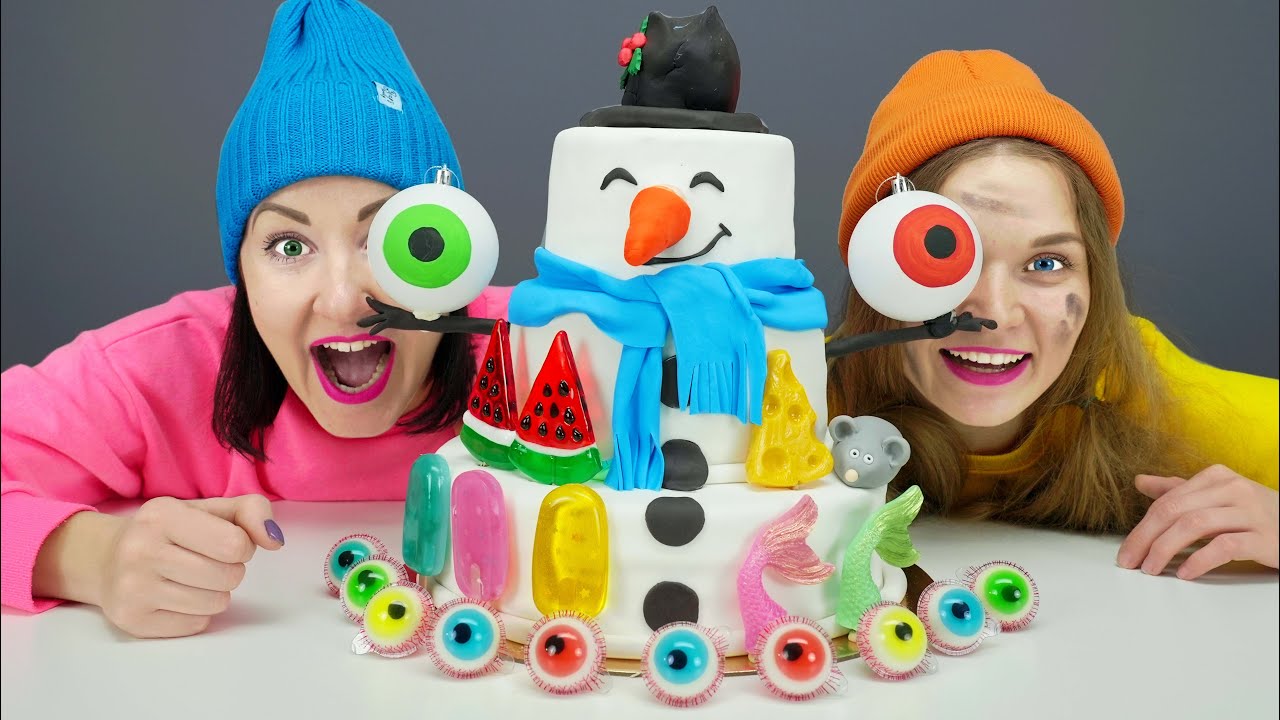 Mukbang 雪だるまーンのケーキの装飾 ピカポッキー日本語