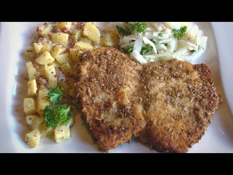 Schnitzel in Brauhaus-Panade mit Dijon-Senf-Speck-Kartoffeln