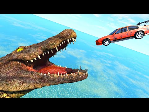 Jumping Cars into the mouth of a Giant Crocodile - BeamNG.Drive