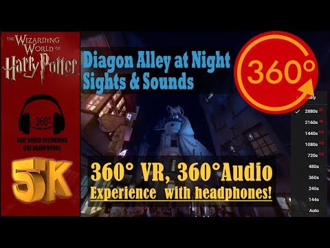 [5K 360°, 360° Audio] Diagon Alley at Night Sights and Sounds, Immersive VR - Universal Studios