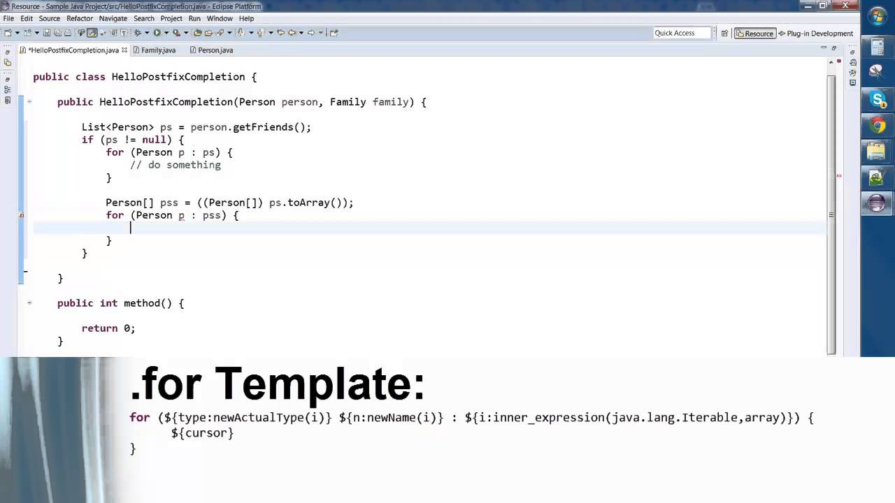 Demonstration of postfix code completion in Eclipse