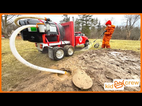 Rescuing mom from septic plumbing emergency funny story with trucks and toys. Educational | Kid Crew