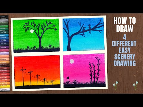 4 Different Scenery Drawings With Oil Pastels / Easy Oil Pastel Drawing Art for Beginners