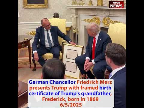 German Chancellor Friedrich Merz Presents Trump His Grandfather Frederick's Birth Certificate, Born 1869 Near Bad Dürkheim; Bessent: 'CBO Scored Tariff Revenue at Minimum $2.8T Over 10 Years -- Actually Puts Bill in Surplus if You Include It'; Trump on Military Recruitment: 'Highest in History -- Spirit, They Love Our Country Again'