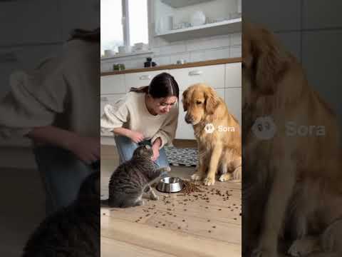 Кот рассыпал корм и обвиняет во всем собаку#кот #собака #sora2 #рекомендации