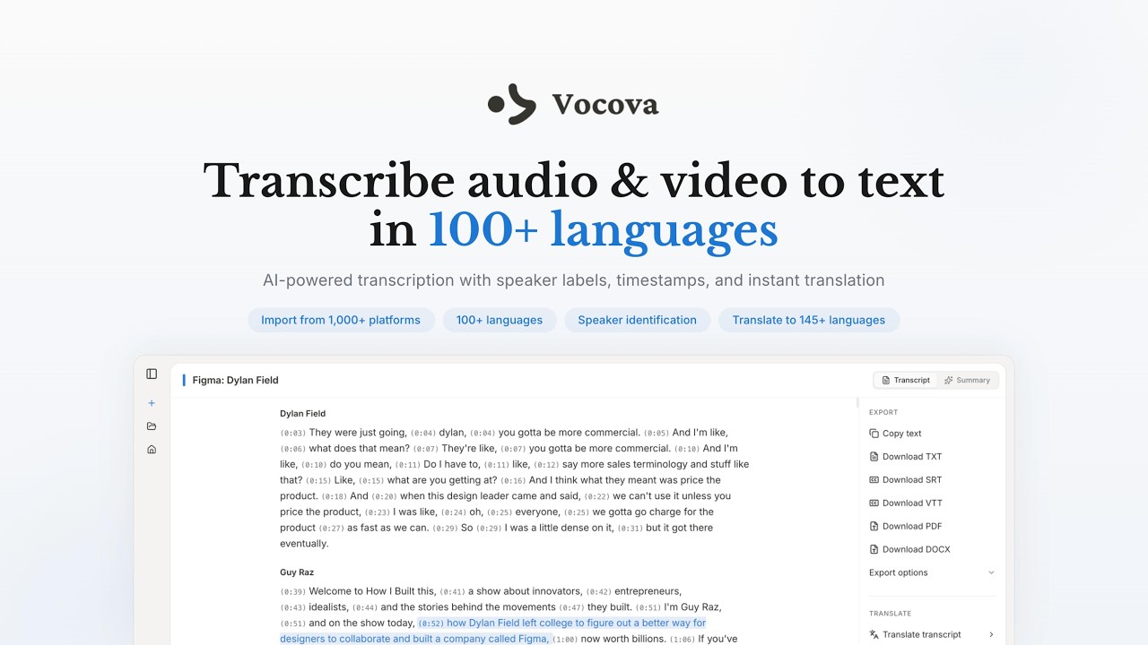 Transcribe Any Video in Seconds — 100+ Languages | Vocova AI