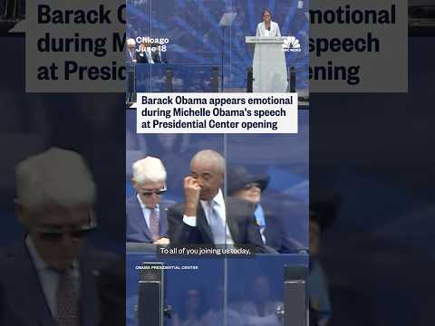 Barack Obama appears emotional during Michelle Obama's speech at Presidential Center opening