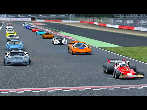 Ferrari F1 8 Wheels 1976 vs Koenigsegg Hypercars at Silverstone