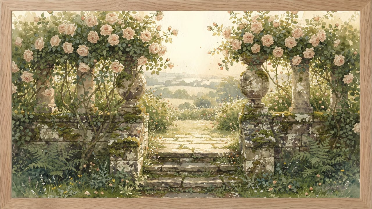 English Garden Roses Watercolor 🌿 Romantic Terrace Scene | 2 Hours 4K Frame TV Art Wood Frame — 4K ambient art screensaver in baroque gold frame