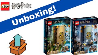 YouTube thumbnail: LEGO Harry Potter Hogwarts Moments Herbology and Charms Class Unboxing! Sets 76384 & 76385
