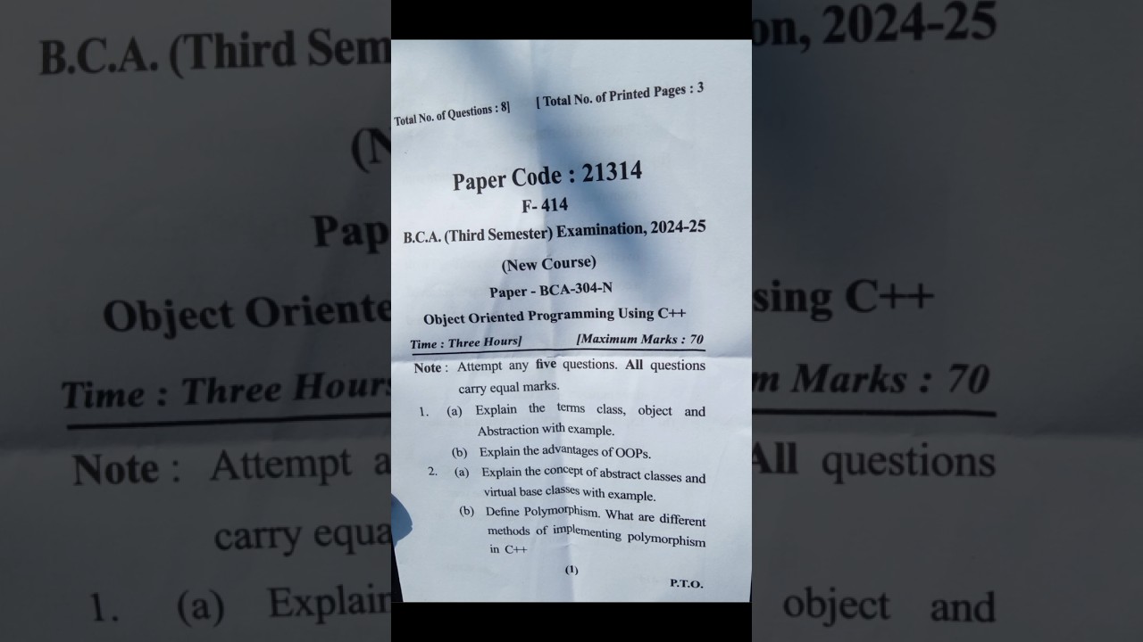 B.C.A. (Third Sem) (New Course) Object Oriented Programming Using C++ Question Paper 2024–25🎯 #mjpru