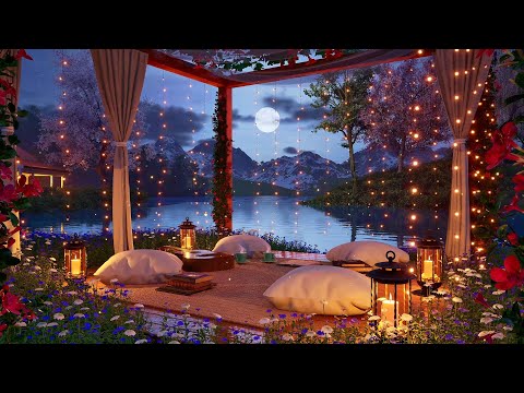 Cozy Springtime lake Patio at Night: Soothing nature sounds, water, crickets for sleep, relax, focus