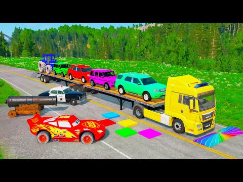 Flatbed Truck McQueen | Transportation with Truck - Pothole vs Car #05 | BeamNG.Drive Gameplay