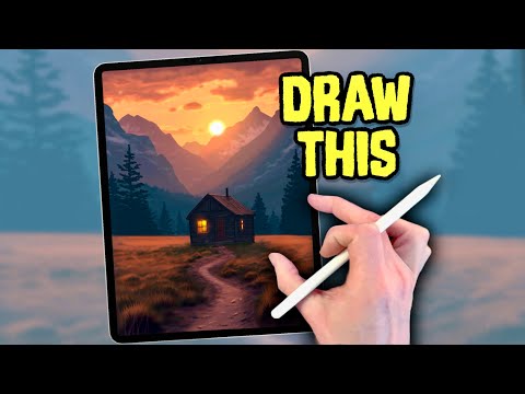PROCREATE Landscape Drawing Tutorial - Step by step Mountain Cabin Sunset