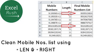 Clean Mobile Numbers list using Len and Right functions in Excel