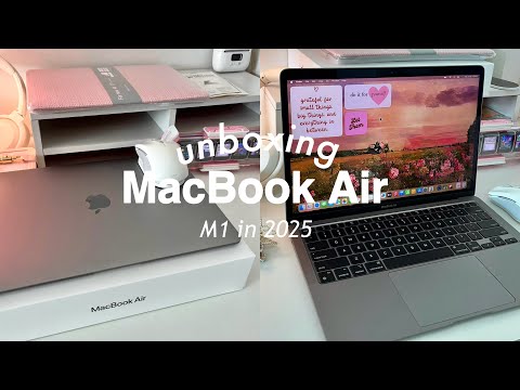 MacBook Air M1 unboxing (space gray) in 2025 ✨☁️ + accessories, esr wireless mouse, aesthetic setup