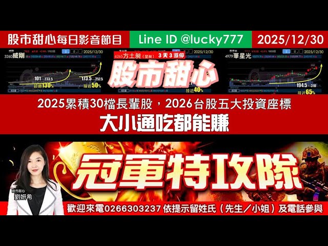 1230【甜心盤後影音】【冠軍特攻隊大小通吃企劃案】2025累計30檔長輩股，2026台股五大投資座標