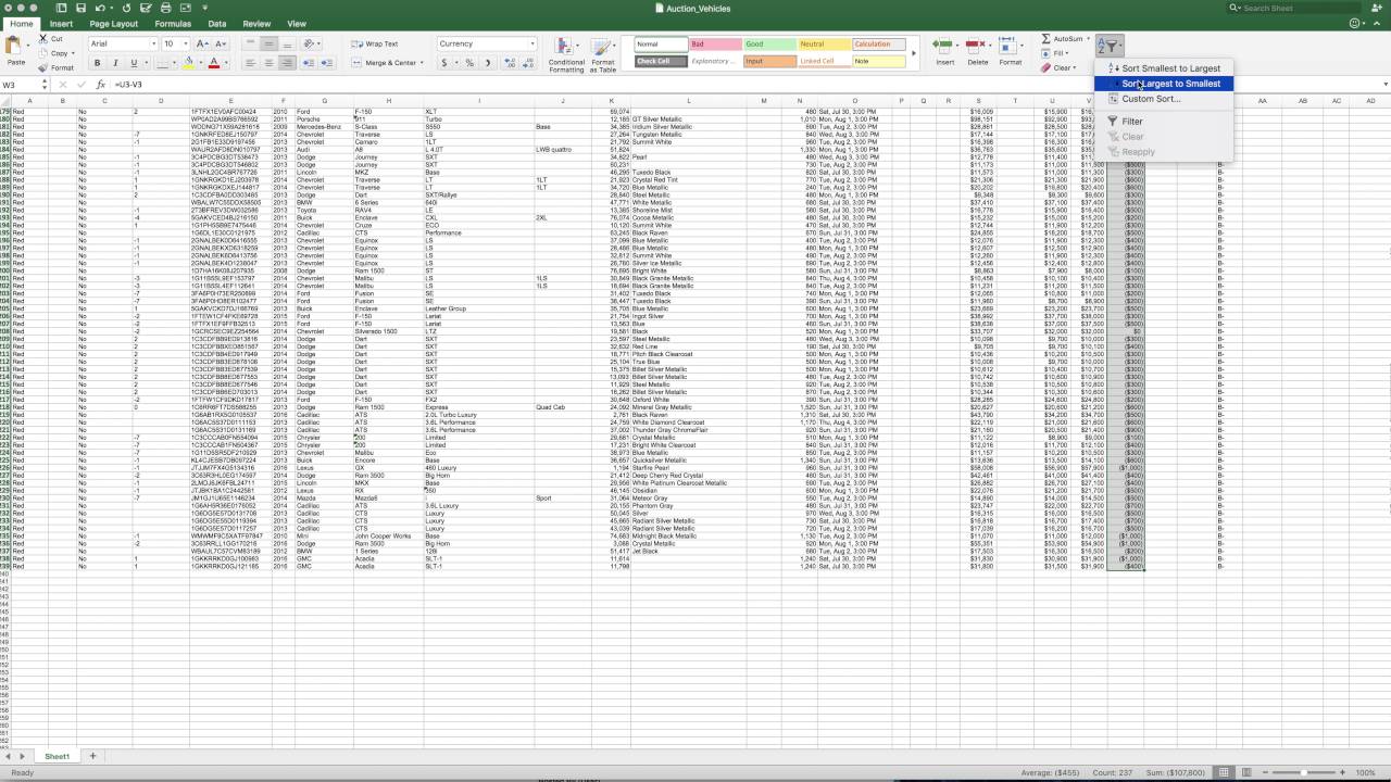 How to sort Provisioning on Smart Auction list in Excel