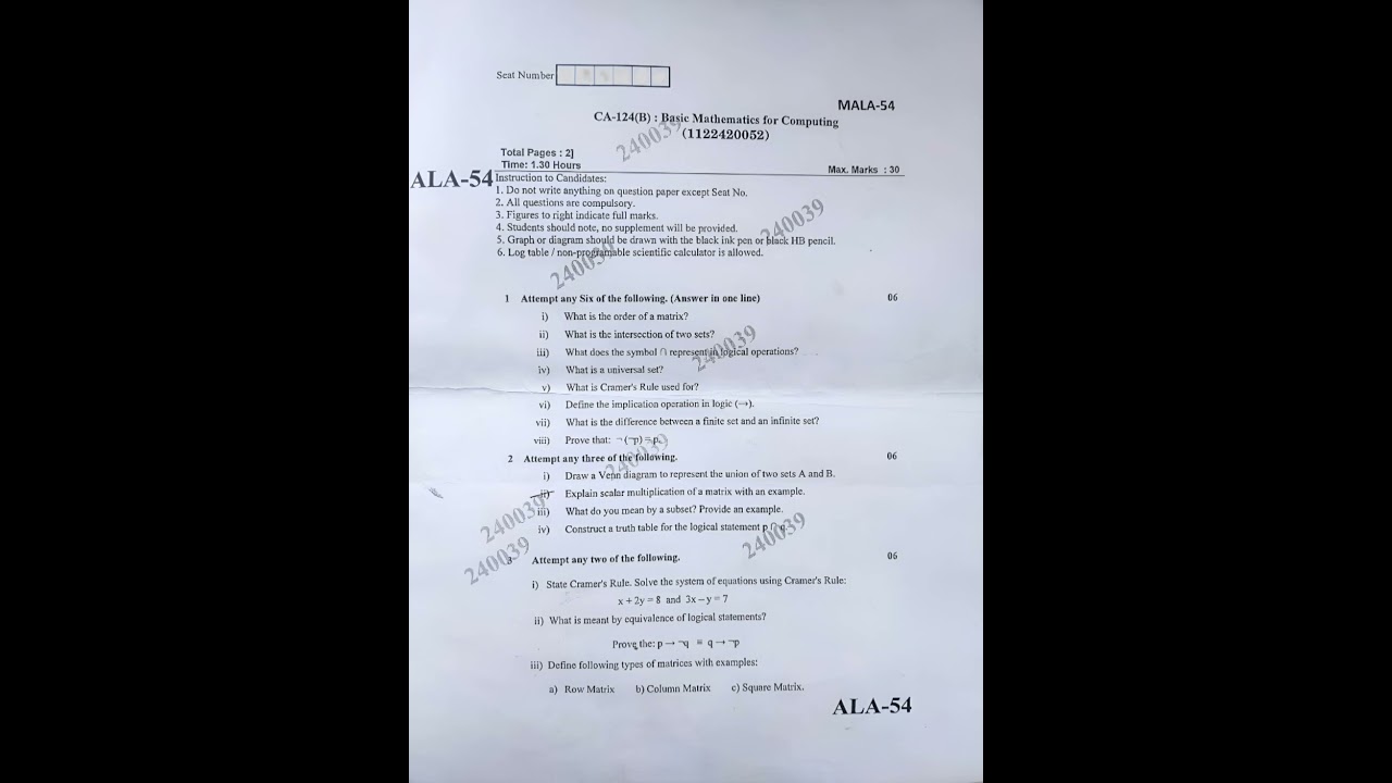 Basic Mathematics for Computing | BCA 2024-25 | NEP Question Paper |  Second Semester | BCA |