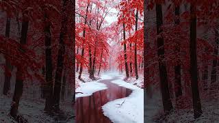 Red Winter Forest River – Cozy Home Ambience Background