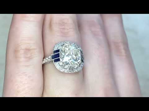 3.33ct Center Antique Cushion Cut Diamond & Sapphire Engagement Ring - Bryant Park Ring - Hand Video