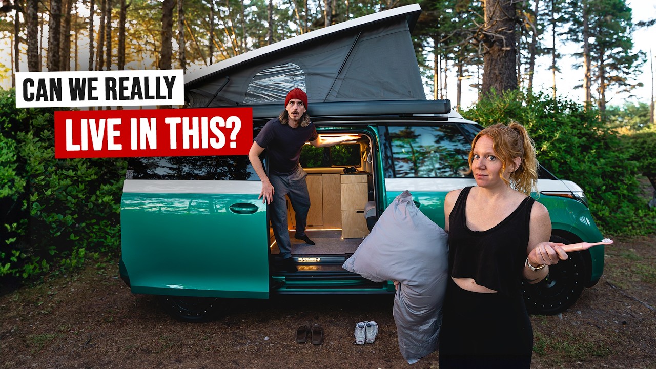 Camper converted Volkswagen ID Buzz parked in Olympic National Park