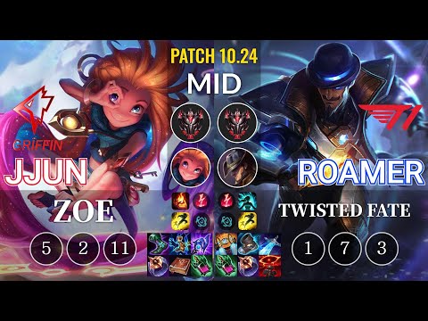 GRF jjun Zoe vs T1 Roamer Twisted Fate Mid - KR Patch 10.24